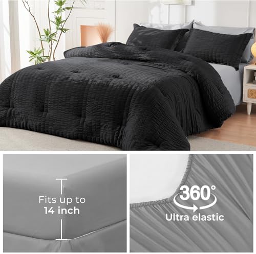 HYMOKEGE Black/Light Grey Full Size Comforter Sets Seersucker 7 Pieces - Image 6