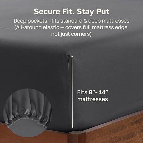 Soft Natural 100% Cotton Sateen Full Fitted Sheets, Dark Grey - Image 4