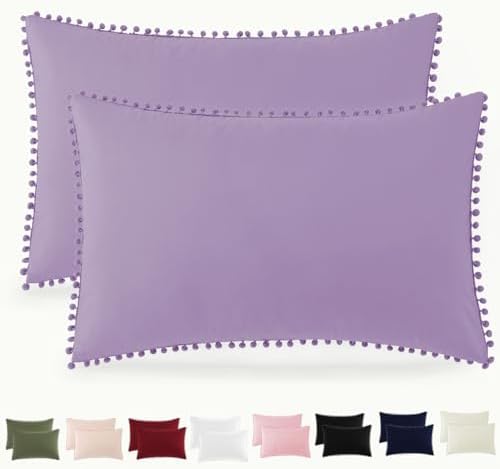 Pom Poms Pillow Shams Queen Size Set of 2, Light Purple Decorative Pillowcases by HommxJF