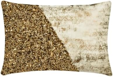 The HomeCentric Gold 12"x14" Lumbar Pillow Cover, Silk Beaded, Sequins & Pearls by TheHomeCentric