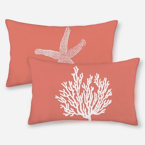 Coastal Pillow Covers 12x20 Set of 2 Orange Coral Starfish Throw Pillows by GOLIANDA