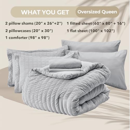 HYMOKEGE Light Grey Oversized Queen Comforter Set Seersucker 7 Pieces, All - Image 5