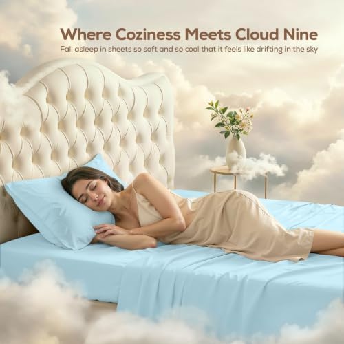 Twin Sheets Set, 3 Pieces 16" Deep Pocket Hotel Luxury Bed Sheets, Ice Blue - Image 4