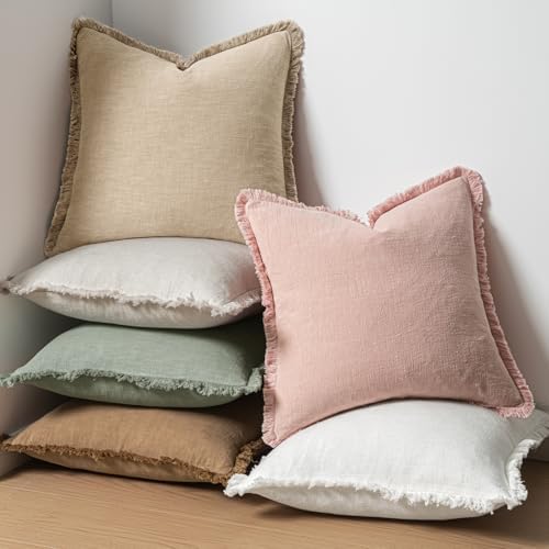 MIULEE Boho Linen Fringe Decorative Throw Pillow Covers Pink 18x18 - Image 7