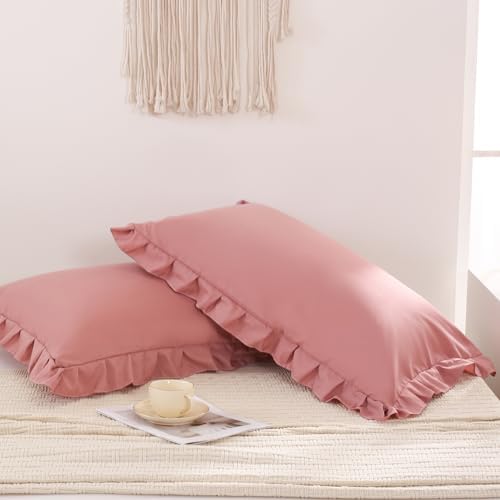 Pink Mocha Pillow Shams Cute Ruffle Queen Pillowcases Solid Pillow Cover Set of - Image 3