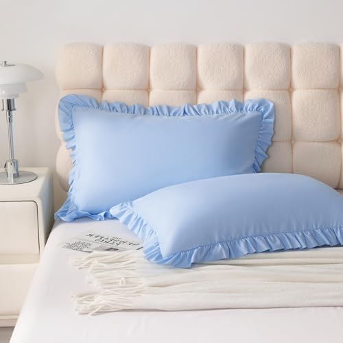 Ruffled King Pillow Shams, 2 Pack, 20x36 Inches, Sky Blue - Image 2