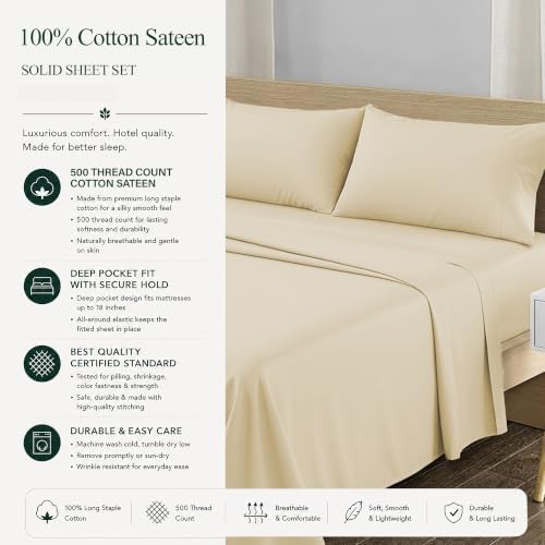 Feather & Stitch 100% Cotton Sateen 500 TC King Size Bed Sheet Set - Image 6