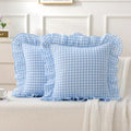 Gingham Throw Pillow Covers 18x18, Sky Blue, Ruffle Trim by Jilboo