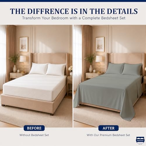 Cottingon 4 PC Olympic Queen Sheets, Egyptian Cotton, Light Grey - Image 4