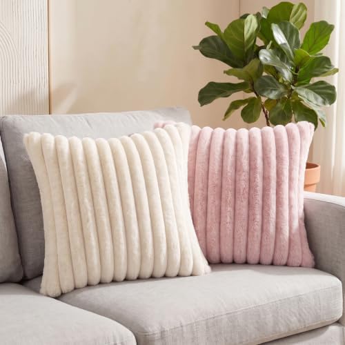 Set of 2 Decorative Throw Pillow Covers 20x12, Faux Fur Cream White - Image 6