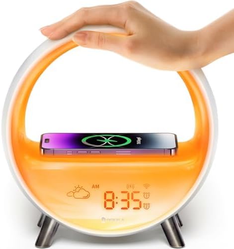 Dekala 5G Arches Gradual Sunrise Alarm Clock with Wireless Charging Loud Alarm Clock for Heavy Sleepers Sunset White Noise Sleep Sound Machine Bluetooth Speaker Night Light Touch/App/Button Control