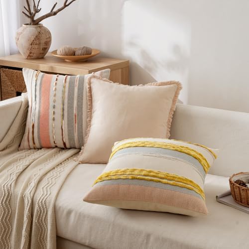 ANRODUO Boho Decorative Throw Pillow Covers Pink Stripe 18x18 Pack of 2 - Image 3