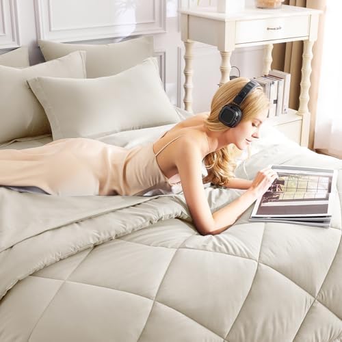 CozyLux Queen Comforter Set 88"x88" Oatmeal - Image 4
