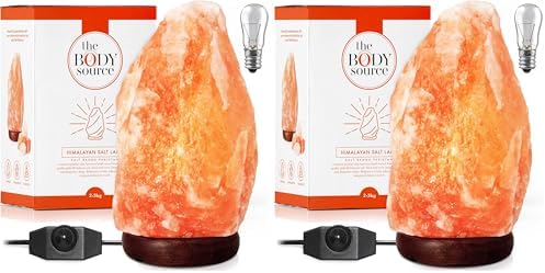 The Body Source Himalayan Salt Lamp | 8-10 in (7-11 lb) | Natural Salt Rock Lamp with Dimmer Switch & Wooden Base | Night Light & Bulb Replacement (Pack of 2) by TheBodySource