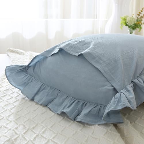 Mywinlle Blue Plaid Ruffle Pillow Shams Standard Size Set of 2, Shabby - Image 4