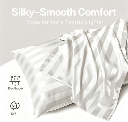 MR&HM Satin Pillowcase 2 Pack, King Size 20"x40", Ivory Striped - Image 3