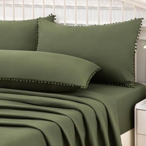 Pom Poms Pillow Shams Body Size, Olive Green Decorative Pillowcases - Image 2