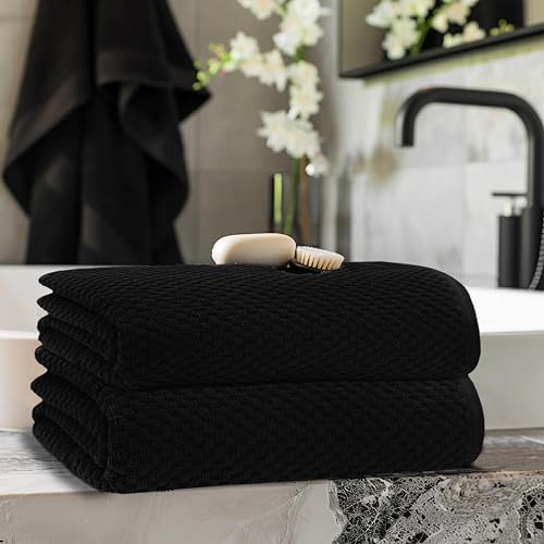 COTTON CRAFT Euro Spa Waffle Weave Bath Sheet - Set of 2 Black Towel Sheets - Image 2