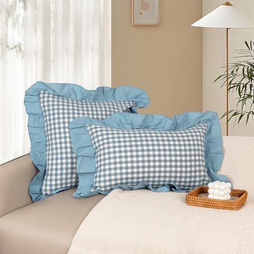 JoraLion Ruffled 20x20 Pillow Cover Gingham Smoke Blue Solid Edge - Image 2