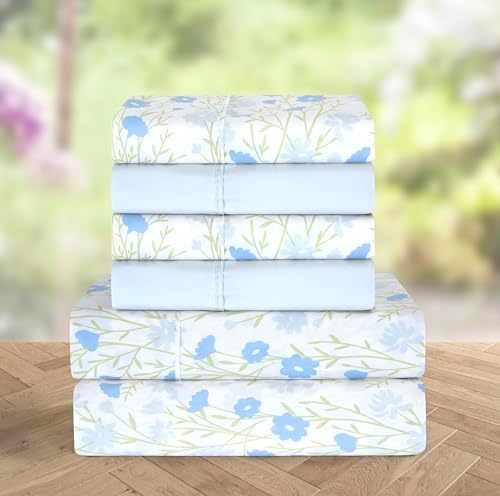 Elegant Comfort 6-Piece Sheet Set Deep Pocket Floral, Laurel Blue - Image 2