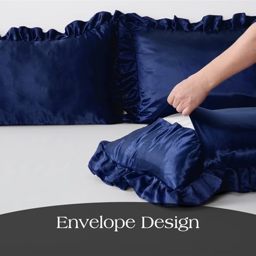 2 Pack Ruffle Satin Pillowcases King Size 20"x36" Navy Blue - Image 6