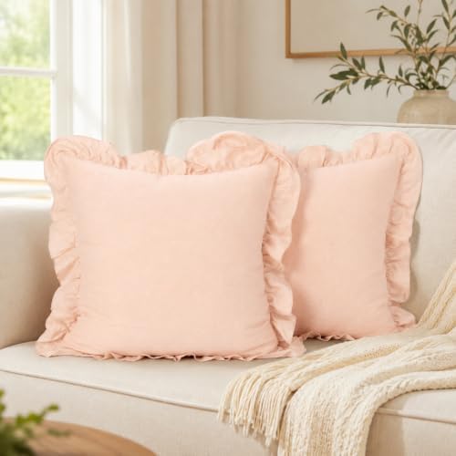 JoraLion Ruffled Throw Pillow Cover 20x20 Solid Blush Pink by JoraLion