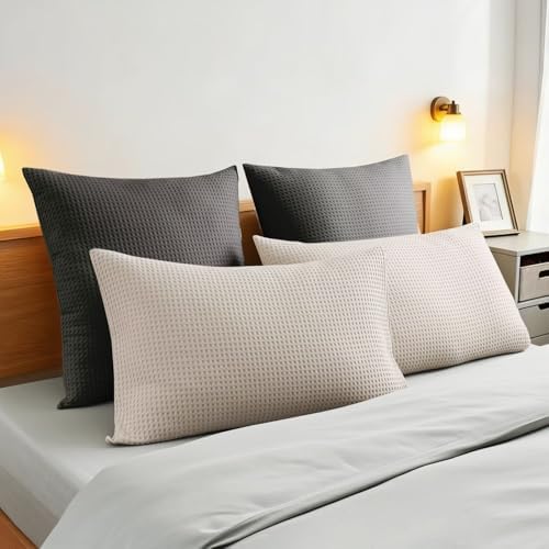 100% Cotton Waffle Weave Throw Pillow Covers Set of 2, Dark Grey - Image 7