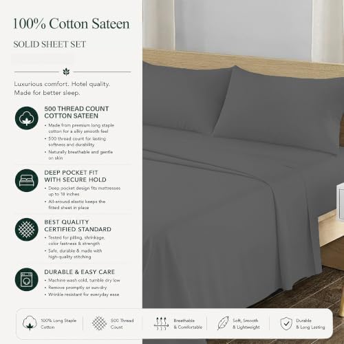 Feather & Stitch 100% Cotton Sateen 500 TC King Size Bed Sheet Set - Image 6