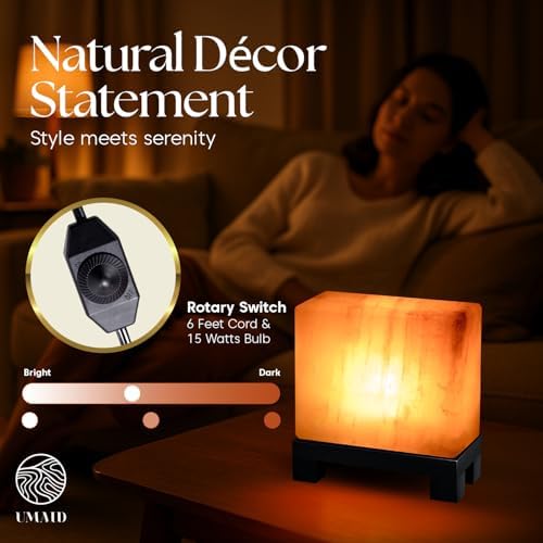 UMAID Himalayan Salt Lamp Rectangle, Natural Pink Rock Salt Lamp on Modern Wood Base with Night Light Bulb and Dimmable Cord, Spa Decor, Salt Massage Stones Ambiance, Meditation Accessories Decor Gift - Image 3