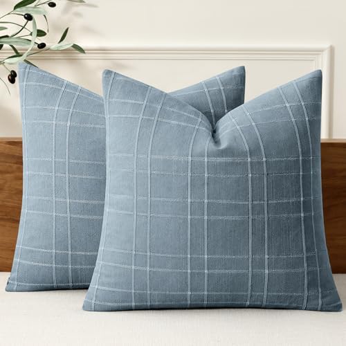 MIULEE Linen Plaid Pillow Covers Coastal Decorative 20x20 Blue Grey by MIULEE