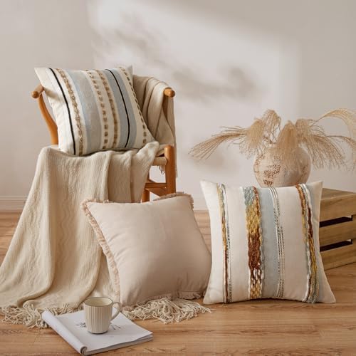 ANRODUO Boho Decorative Pillow Covers 24x24 Light Blue Stripe Pack of 2 - Image 2