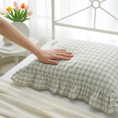 Mywinlle Gingham Ruffle Throw Pillow Shams, Muted Sage Green - Image 7