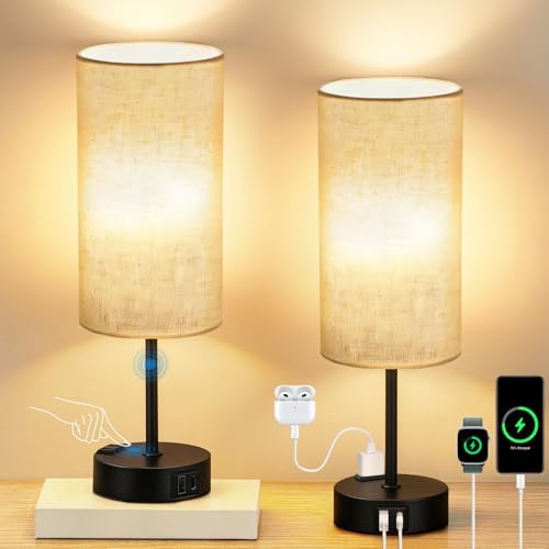 2PCS Table Lamp for Bedroom, Dimmable Touch, AC Outlet, USB A+C by Unknown