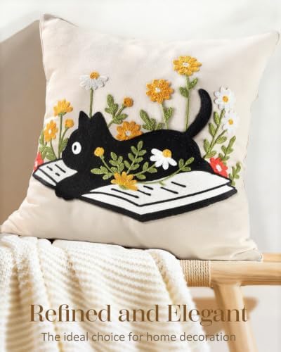 Animal Embroidered Throw Pillow Cover 20x20 Inch, Cat Floral - Image 5