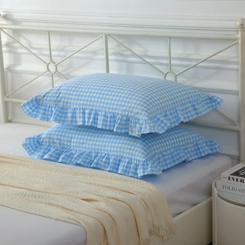 Mywinlle Vintage Sky Blue Plaid Ruffle Pillow Shams Standard Size Set of 2 - Image 7