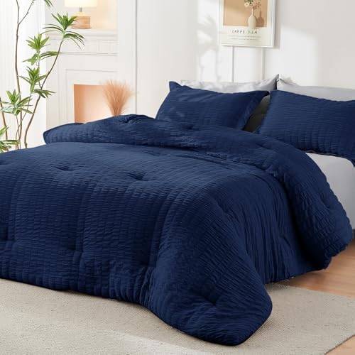 HYMOKEGE Navy Blue/Light Grey Oversized Queen Comforter Set Seersucker 7 Pieces - Image 7