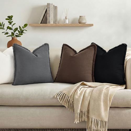 decorUhome Linen Fringe Chocolate Throw Pillow Covers 18x18 Set of 2 - Image 6
