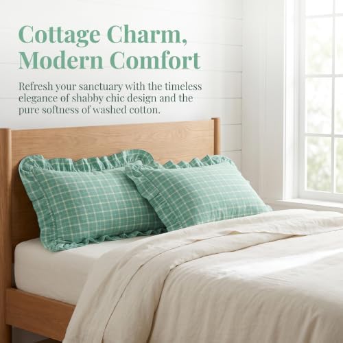 Mywinlle Mint Green Plaid Ruffle Pillow Shams Standard Size Set of 2 - Image 2