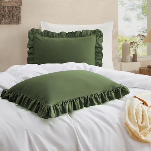 Ruffled Pillow Cases, Olive Green, King 20"x36" - Image 2