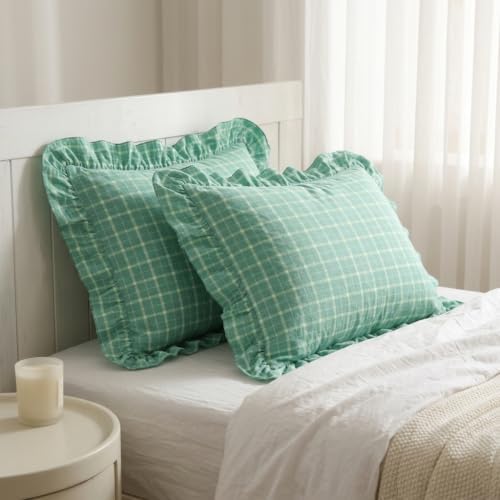 Mywinlle Mint Green Plaid Ruffle Pillow Shams Standard Size Set of 2 - Image 7