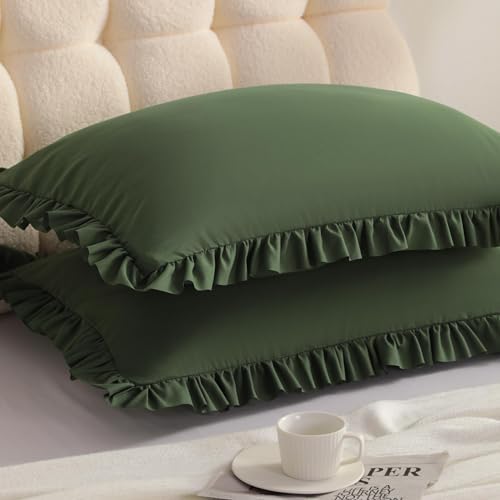 Ruffled Standard Pillow Shams, 2 Pack, 20x26 Inches, Olive Green by Aerlomi