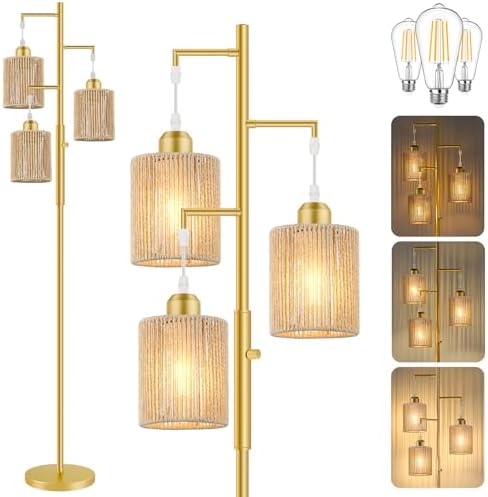 Hotsonic 72" Boho Rattan Tree Floor Lamp, Tall Dimmable Industrial Standing Lamp, Corner Decor Accent Lighting for Living Room, Bedroom, Dining Room, Nursery, Cafe (3 x 800LM Bulbs Included) - Gold by Hotsonic