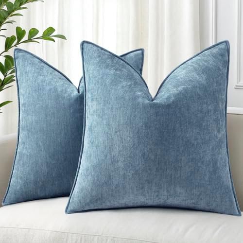 decorUhome Chenille Blue Grey Velvet Throw Pillow Covers 16x16 Set of 2 by decorUhome