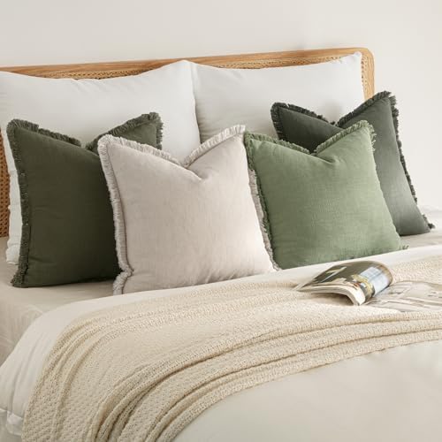 MIULEE Fall Linen Fringe Pillow Covers Set of 4 20x20 Beige/Sage Green - Image 5