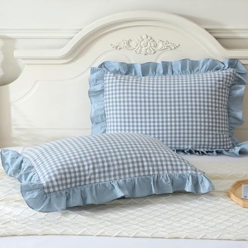 Mywinlle Blue Plaid Ruffle Pillow Shams Standard Size Set of 2, Shabby by Mywinlle