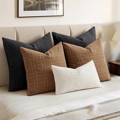 MIULEE Linen Plaid Pillow Covers Fall Decorative 20x20 Camel Brown - Image 5