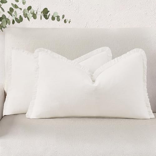 decorUhome Linen Fringe Cream White Throw Pillow Covers 12x20 Set of 2 by decorUhome