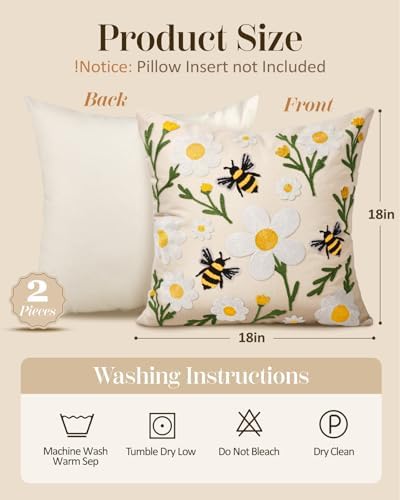 Embroidered Throw Pillow Covers 18x18 Inch, Flower Bee - Image 4