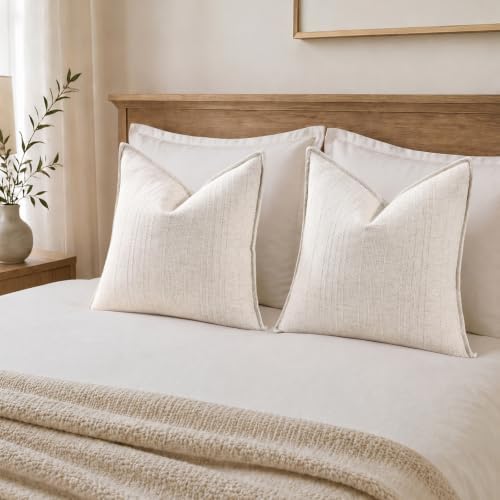 decorUhome Cream White Textured Linen Throw Pillow Covers 16x16 Set of 2 - Image 6