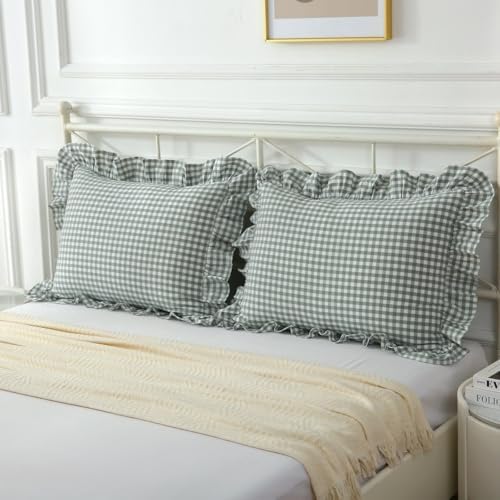 Mywinlle Dusty Green Gingham Ruffle Pillow Shams King Size Set of 2 - Image 7
